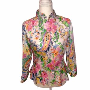 Lauren Ralph Lauren Lrl Floral Watercolor Peplum Button-Up Blouse - Pink & Green